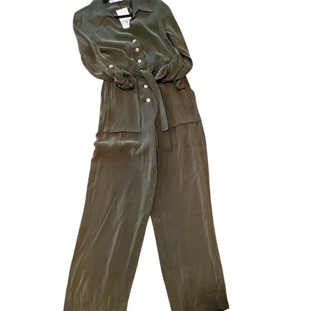 Zara Jumpsuit Womens S Olive Green Satin Utility Long Sleeve Tie Waist